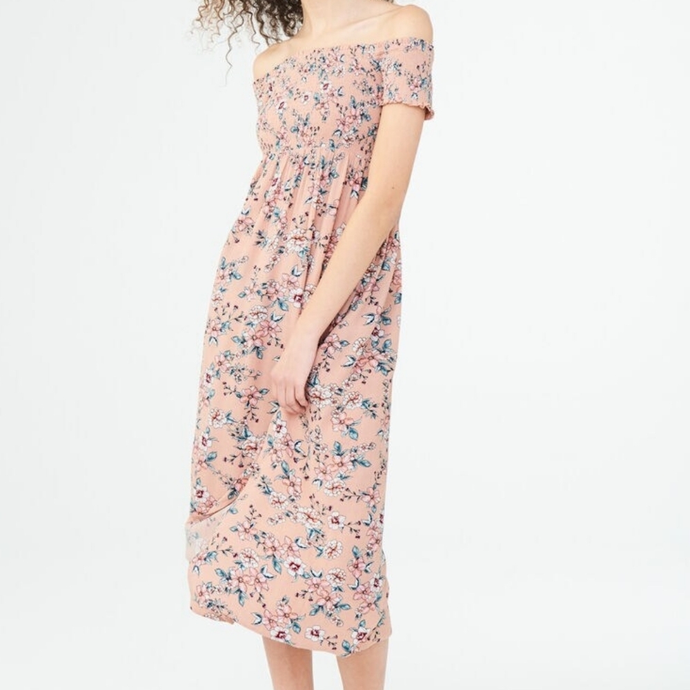 Aeropostale Pink Floral‎ Midi Dress Smocked Off Shouldera